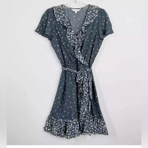 J637. LC LAUREN CONRAD Faux Wrap Cottagecore Green and Floral Dress Sz. XS